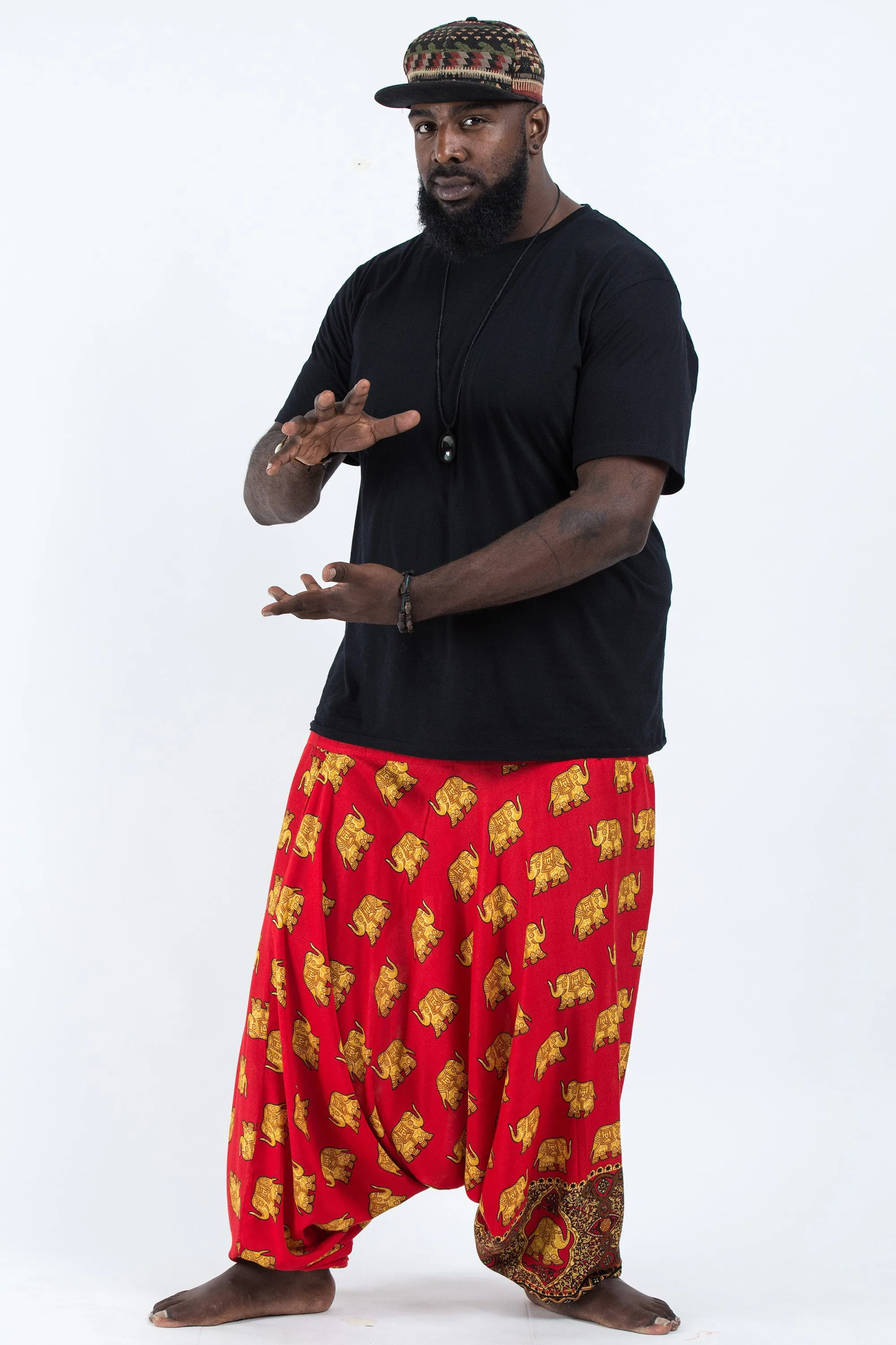 Plus Size Golden Elephant Drop Crotch Men's Elephant Pants in Red