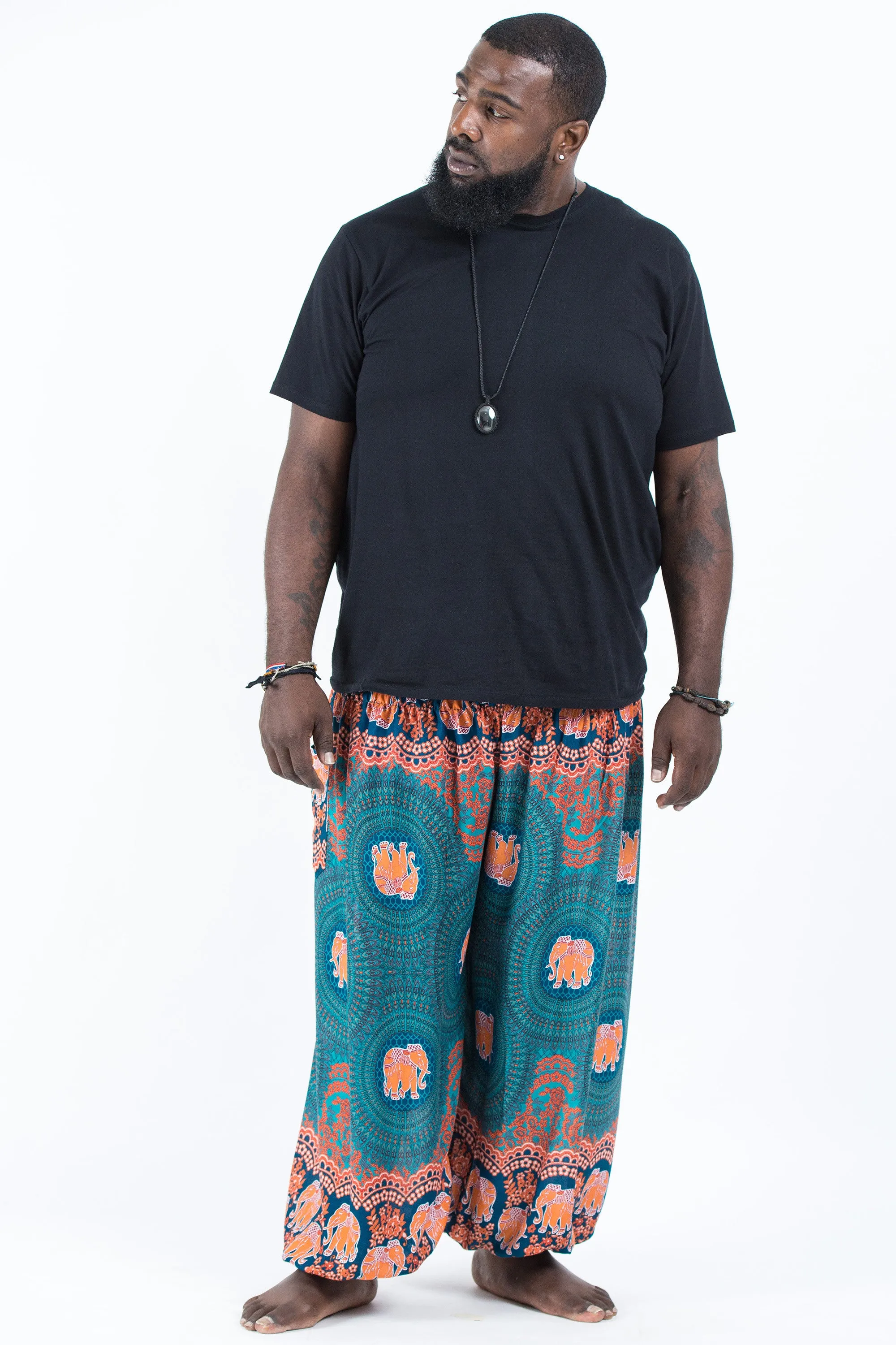 Plus Size Mandala Elephant Men's Elephant Pants in Turquoise