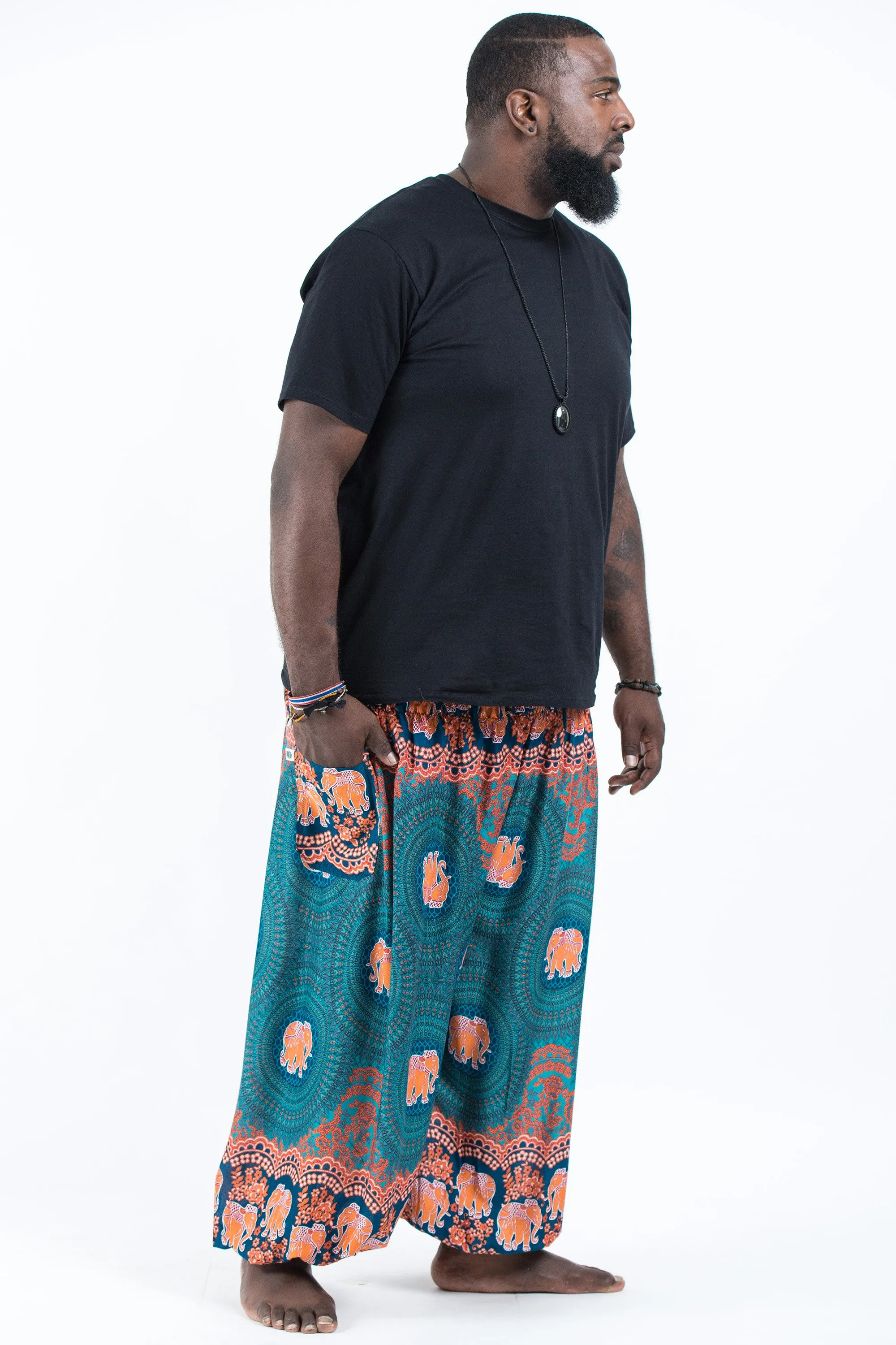 Plus Size Mandala Elephant Men's Elephant Pants in Turquoise