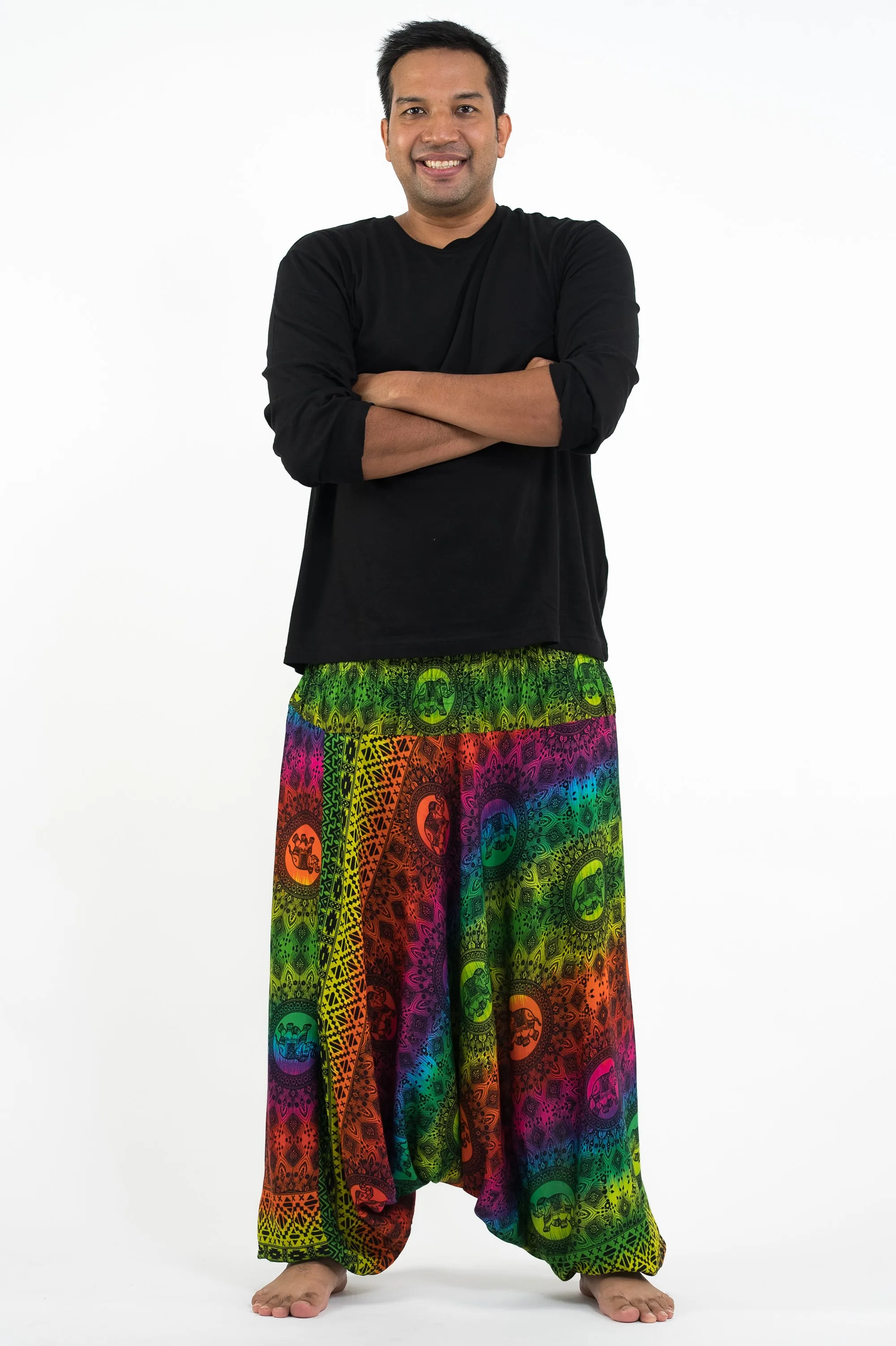 Plus Size Rainbow Elephant Drop Crotch Men's Elephant Pants in Green