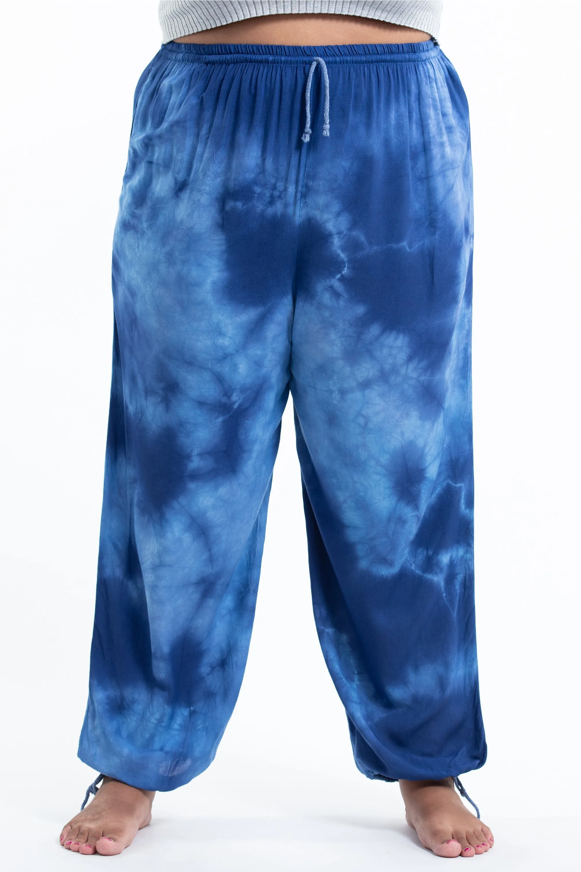 Plus Size Tie Dye Drawstring Men's Yoga Massage Pants in Blue