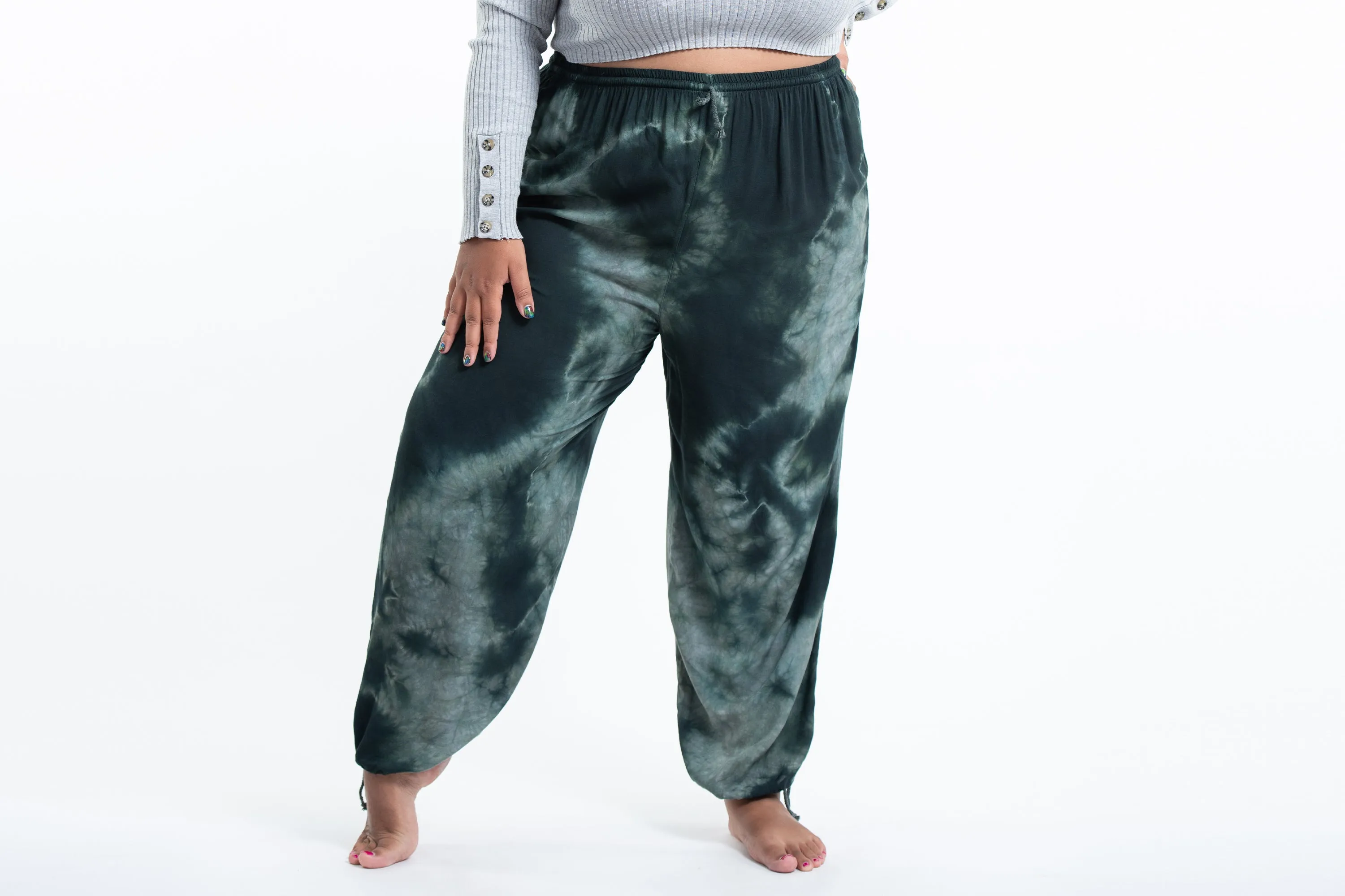 Plus Size Tie Dye Drawstring Men's Yoga Massage Pants in Dark Teal