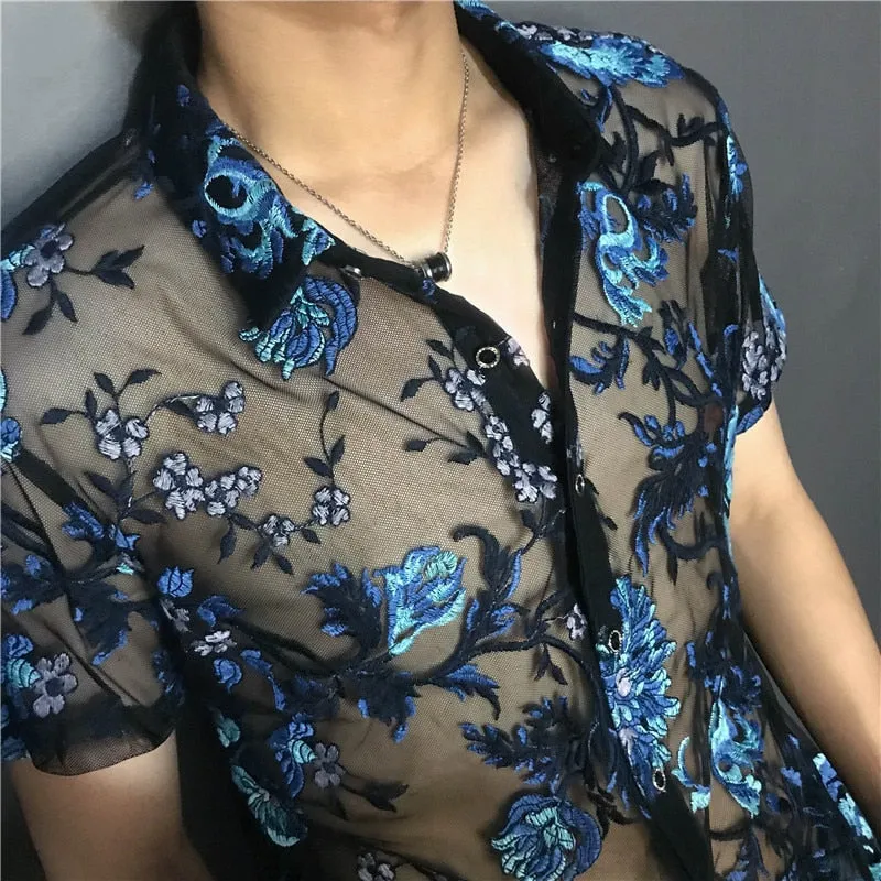 Sexy Transparent Floral Embroidery Casual Short Sleeve Shirt for Men