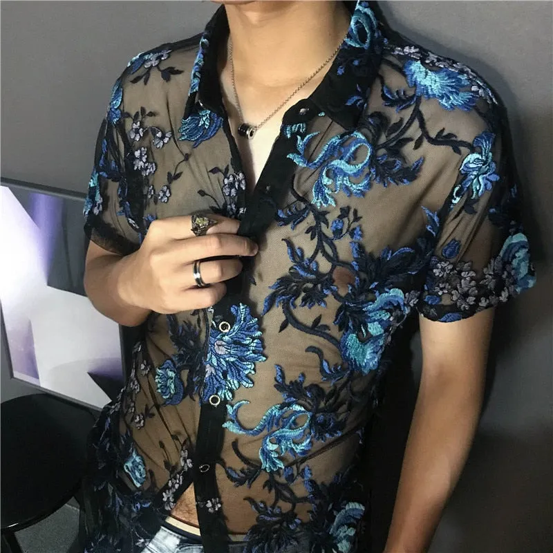 Sexy Transparent Floral Embroidery Casual Short Sleeve Shirt for Men