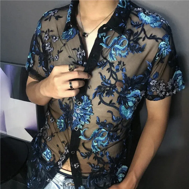 Sexy Transparent Floral Embroidery Casual Short Sleeve Shirt for Men