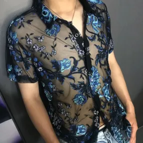 Sexy Transparent Floral Embroidery Casual Short Sleeve Shirt for Men