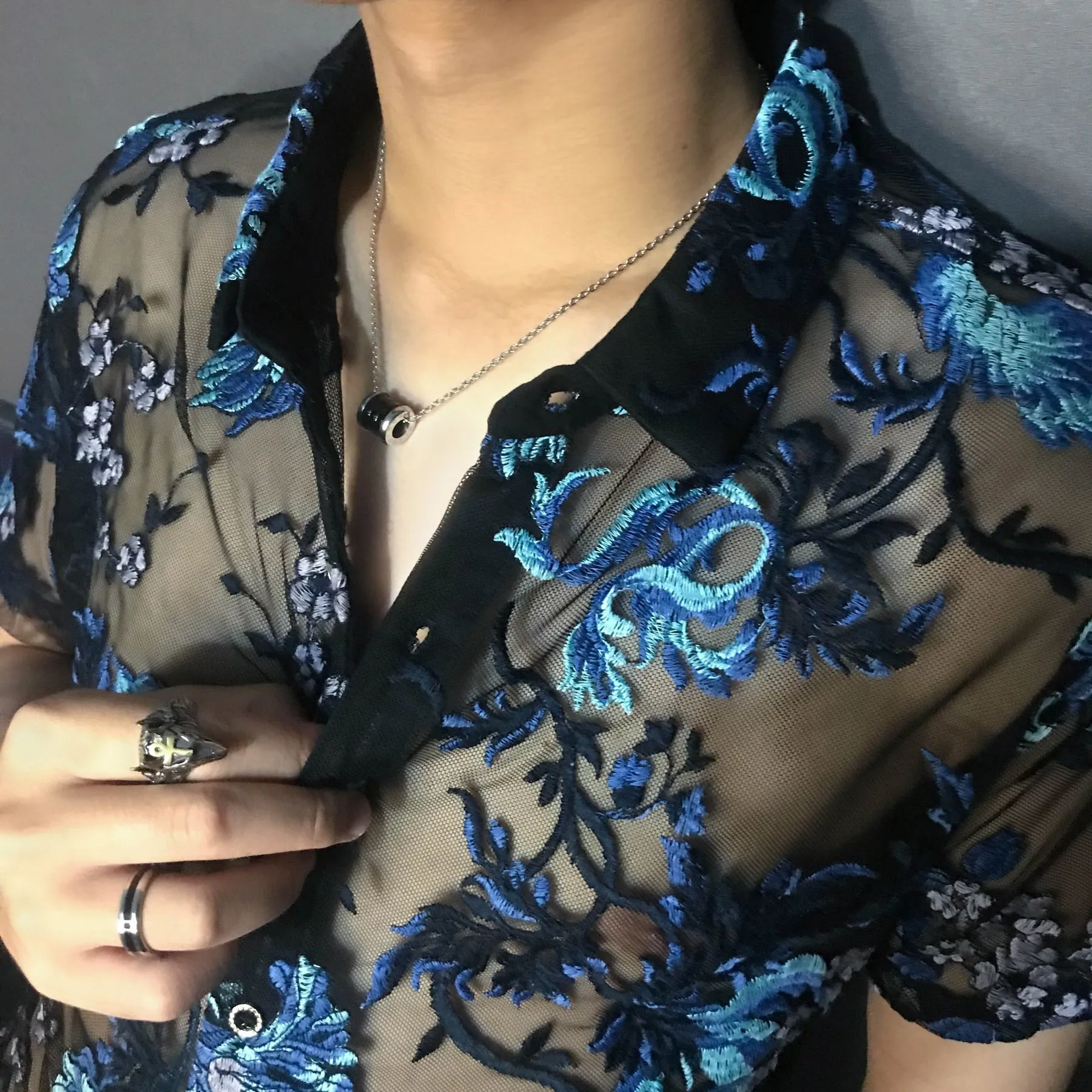 Sexy Transparent Floral Embroidery Casual Short Sleeve Shirt for Men