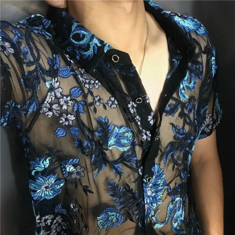 Sexy Transparent Floral Embroidery Casual Short Sleeve Shirt for Men