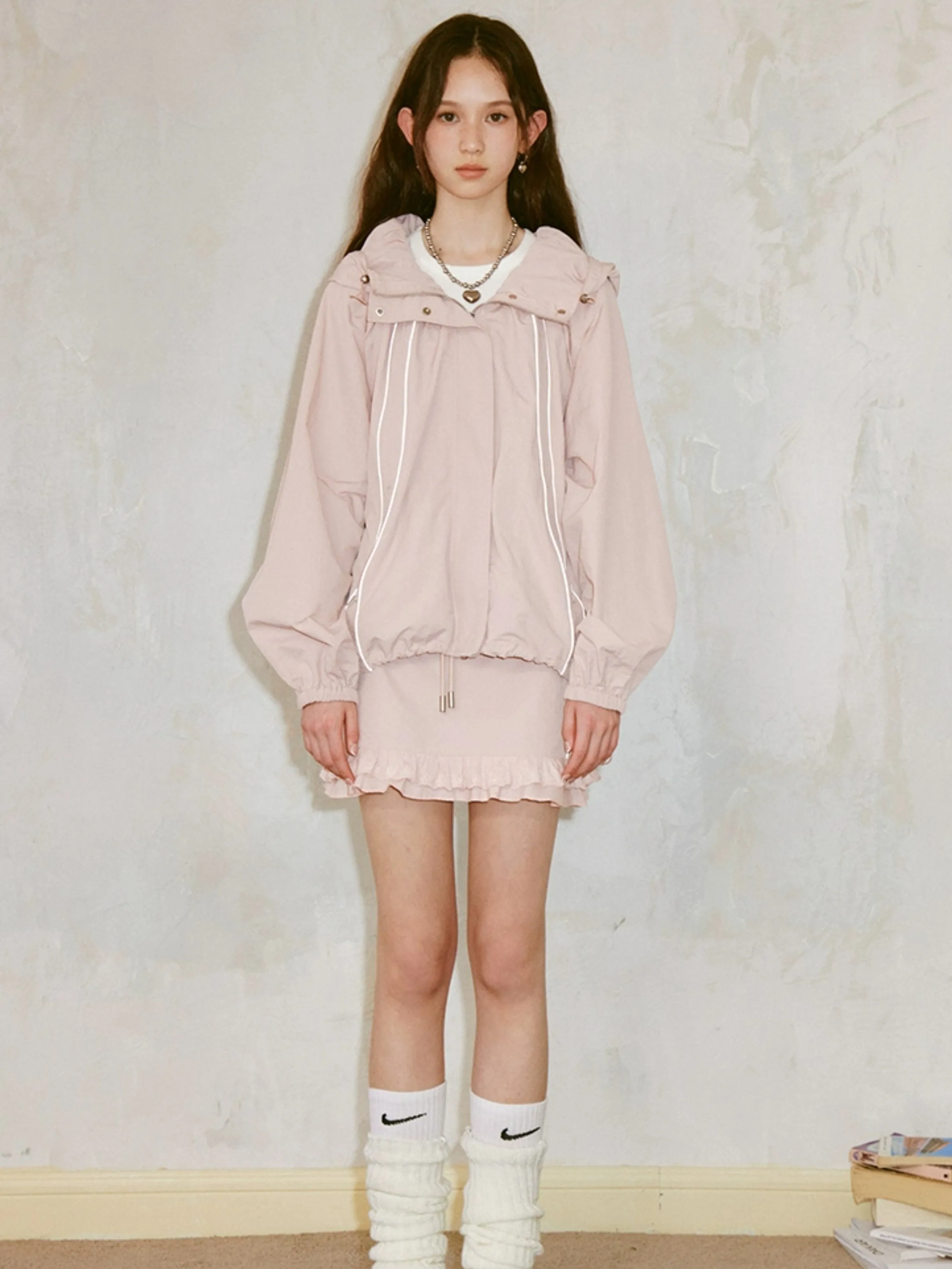 Sports Work Style Hooded Jacket & Frill Short Skirt