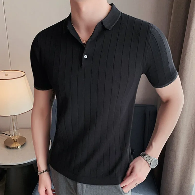 Summer Striped Knitted Casual Slim Fit Short Sleeve Shirt for Men