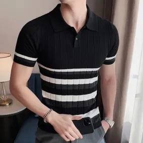 Summer Striped Knitted Casual Slim Fit Short Sleeve Shirt for Men