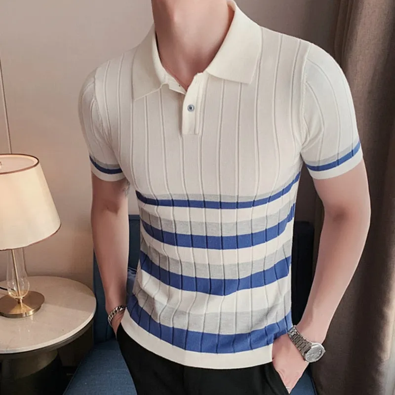 Summer Striped Knitted Casual Slim Fit Short Sleeve Shirt for Men