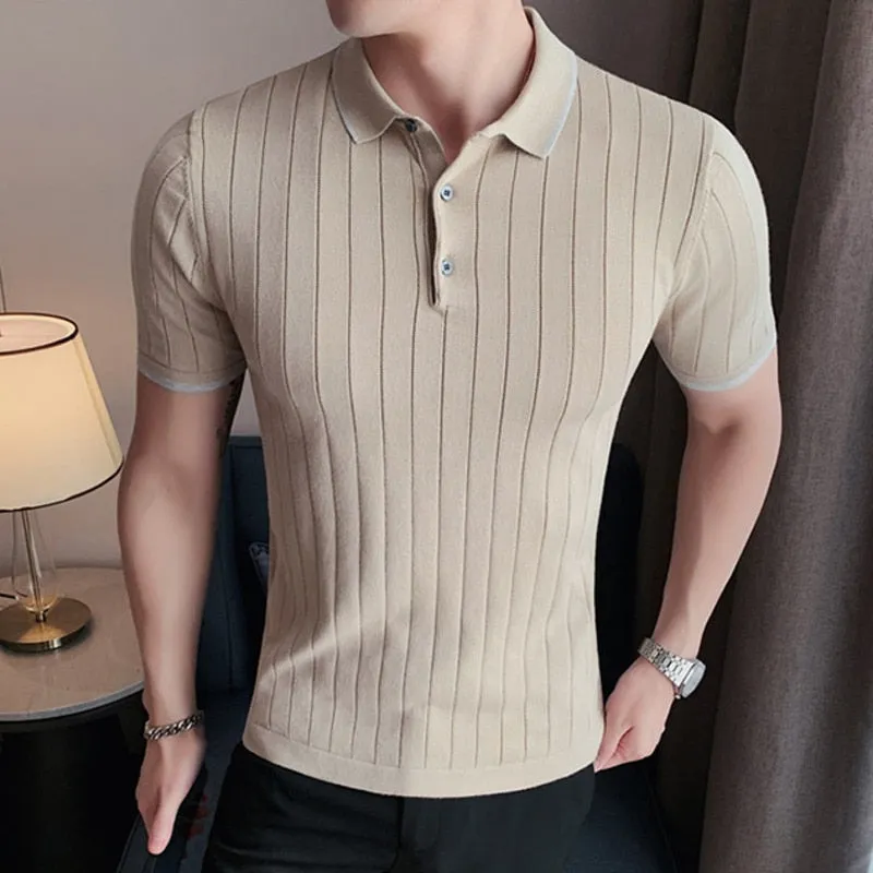 Summer Striped Knitted Casual Slim Fit Short Sleeve Shirt for Men