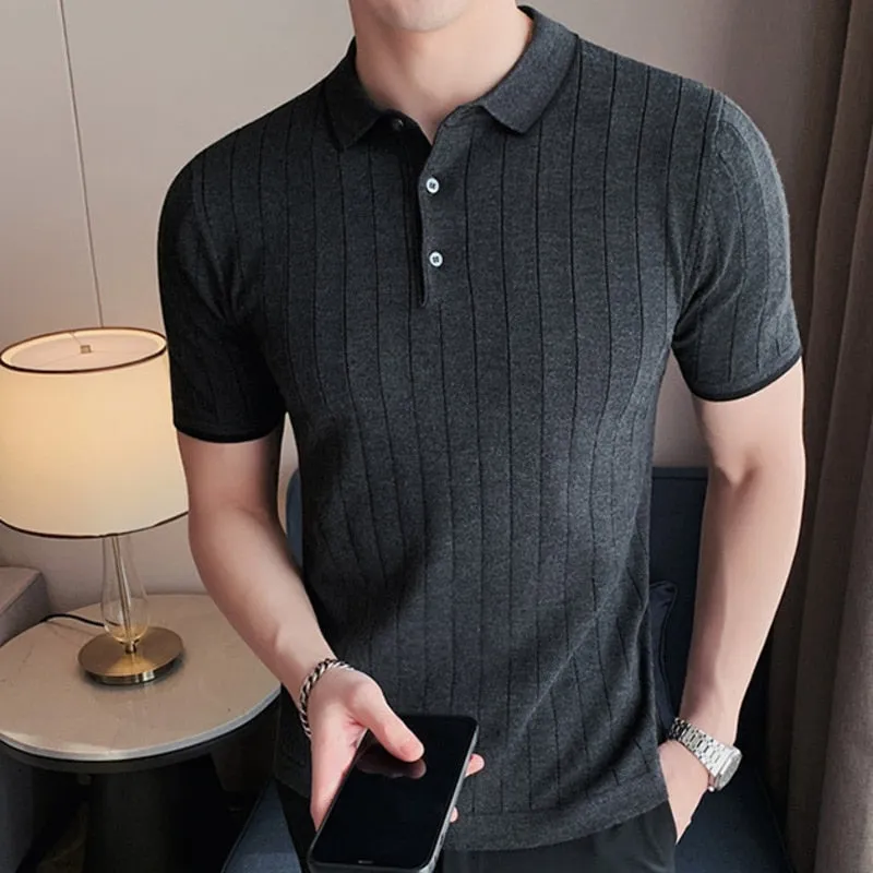 Summer Striped Knitted Casual Slim Fit Short Sleeve Shirt for Men