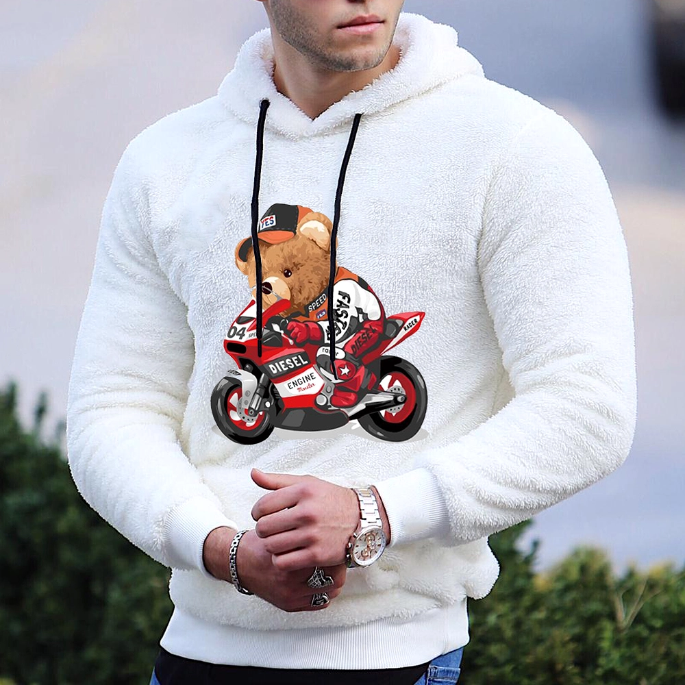 Teddy Bear Warm Men's White Lamb Wool Hoodie