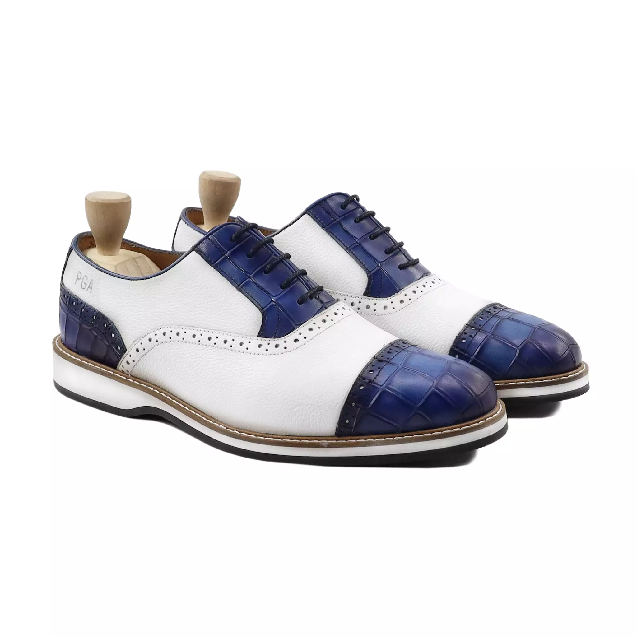 Trosa - Men's White Calf and Blue Printed Crocodile Printed Leather Oxford Shoe