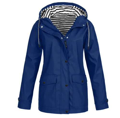 Women's Fashion Stripe Solid Color Zipper Patchwork Button Zipper Coat Outdoor Jacket