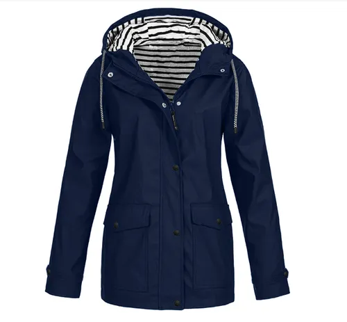 Women's Fashion Stripe Solid Color Zipper Patchwork Button Zipper Coat Outdoor Jacket