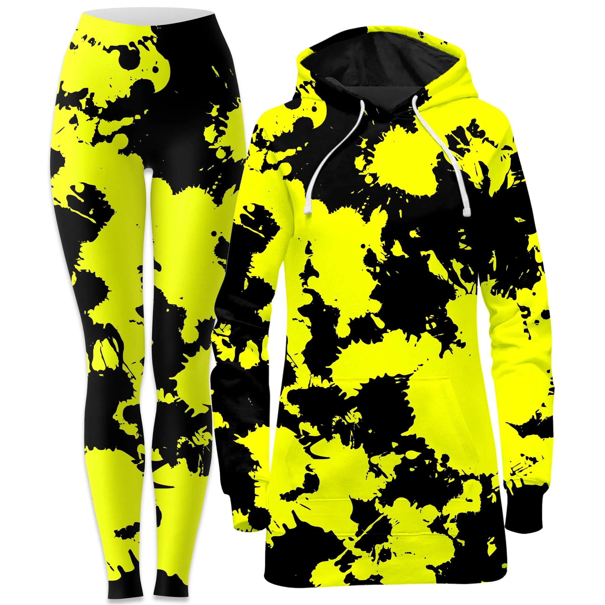 Yellow and Black Paint Splatter Hoodie Dress and Leggings Combo